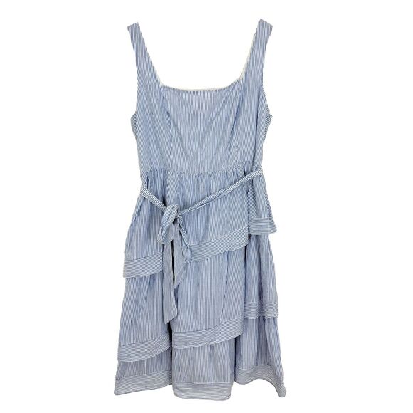 J.CREW Striped Sleeveless Belted Tiered Dress 8 Blue Knee Square Neck NWT B38 - Picture 2 of 7